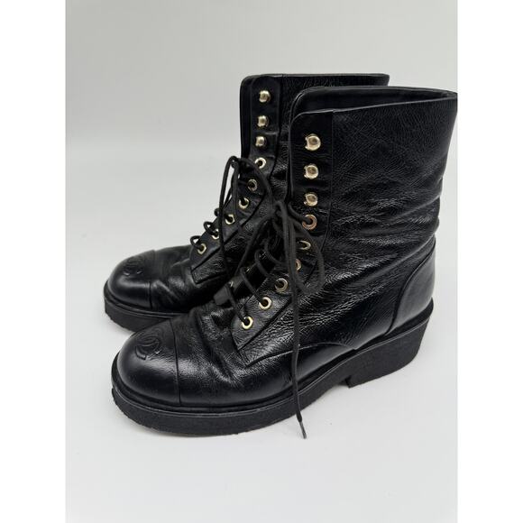 Chanel Leather Interlocking CC Logo Lace Up Combat Boots Black Women's Size 37 - Picture 3 of 10
